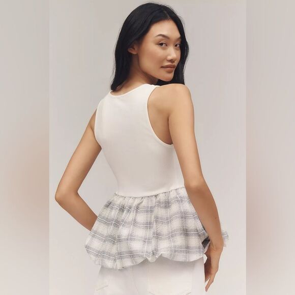 Anthropologie White and Gray Plaid Peplum Tank Top - Picture 3 of 7
